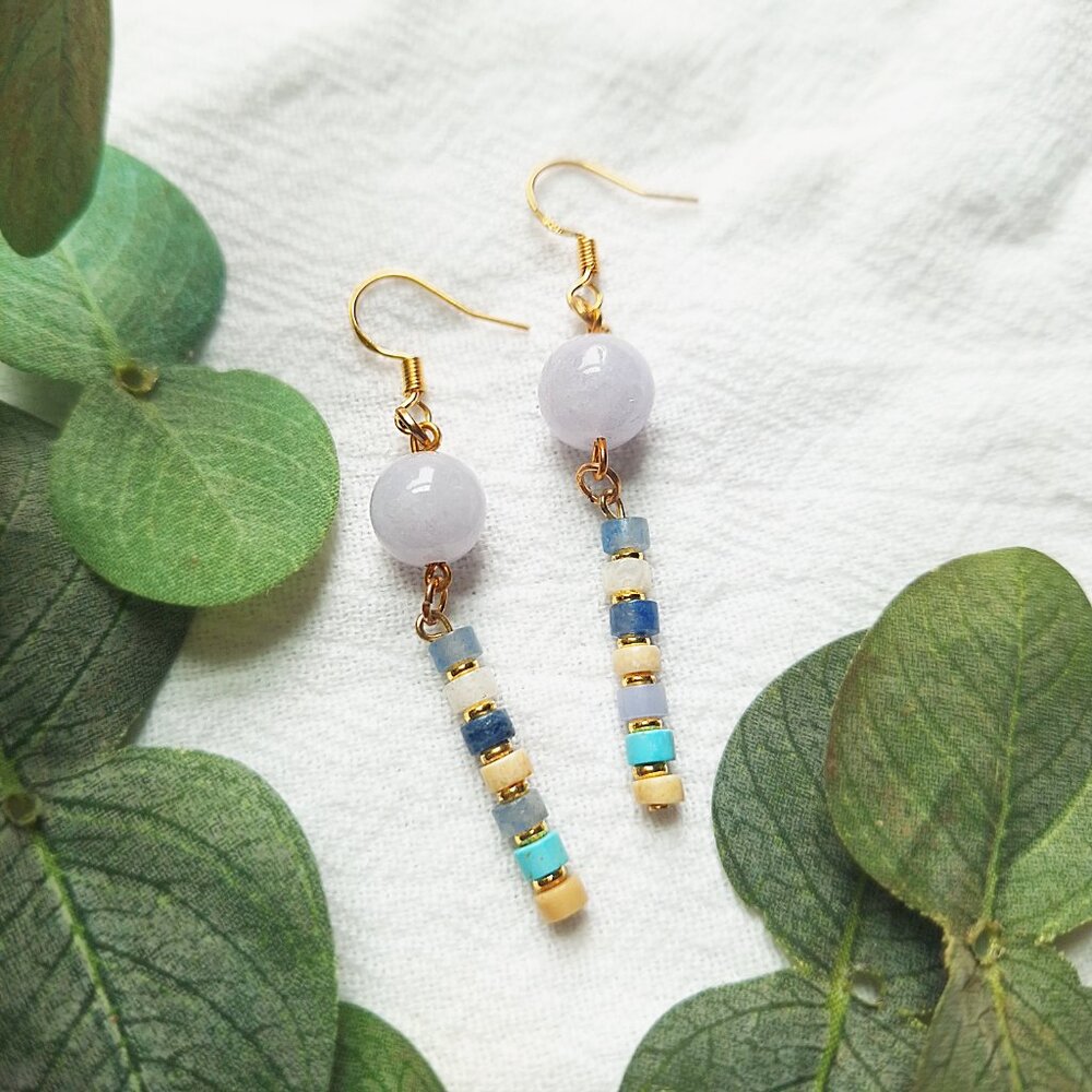 Coastal Aquamarine Turquoise Earrings – Boho Gold Dangles, Beachy Handmade - Picture 6 of 7